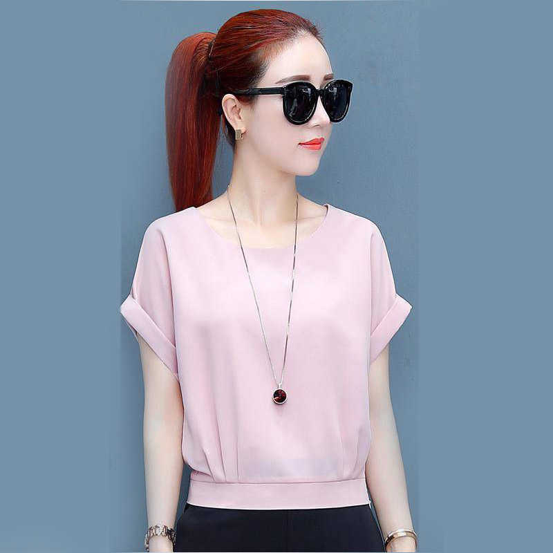 

Fashion Women's Spring Summer Chiffon Casual Blouses Solid Short Sleeve O-neck Shirts Slim Elegant Tops DF3430 210609, Red
