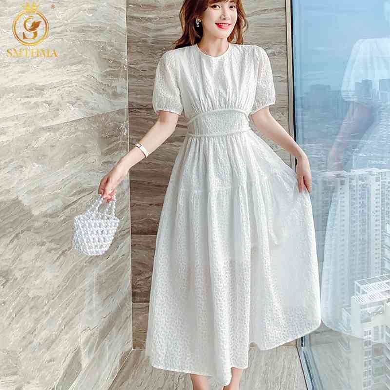 

Fashion Sexy Backless Tie Up Summer Dress Women Vintage Elegant Vacation Mid-Length White Beaded Dresses Vestidos 210520, Picture color