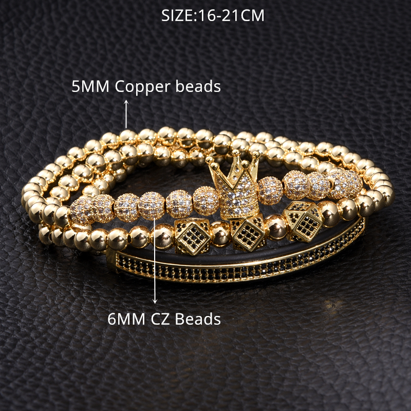 

3pcs/set luxury jewelry new zircon hip hop gold crown elastic bracelet men cubic micro pave cz charm pulseirabracelets, Golden;silver