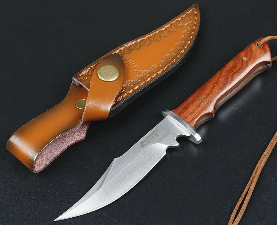 

High Quality Survival Straight Knife 440C Satin Drop Bowie Blade Full Tang Hardwood Handle Outdoor Fixed Blades Hunting Knives With Leather Sheath