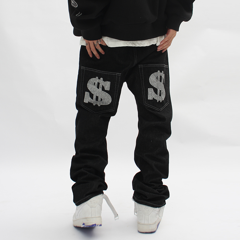 

Back Print Jeans Streetwear Straight Retro Ripped Casual Denim Pants Mens Baggy Washed Jean