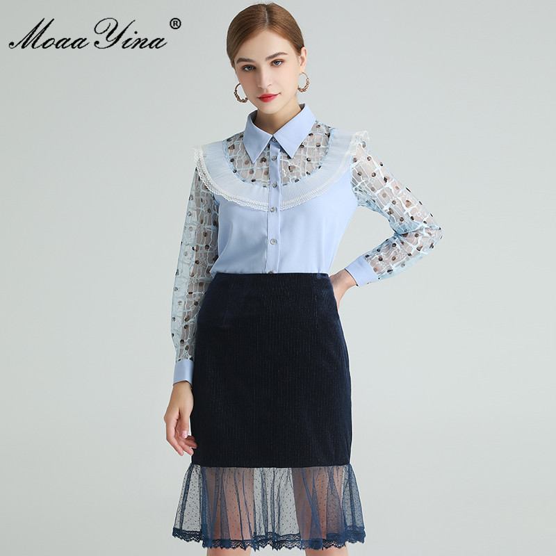 

Fashion Designer Set Spring Women' Long sleeve Blouses Tops+Velvet Patchwork Mesh Skirt Two-piece set 210524, Multi