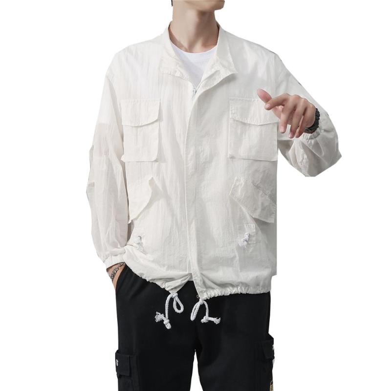 

Men's Jackets Style Summer Clothes Men Outdoor Thin Solid Bomber Jacket Male Breathable Coat Hip Hop Loose Multi-pocket Streetwear, White