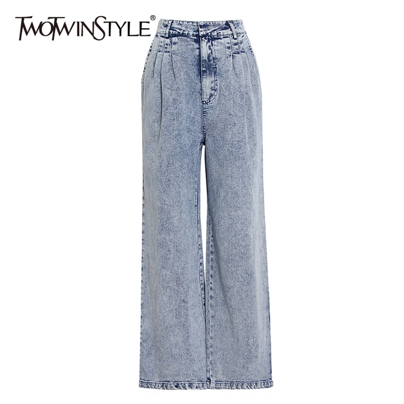 

Loose Ruched Women' Jeans High Waist Pocket Minimalist Casual Wide Leg Pants Female Clothing Summer 210521, Blue
