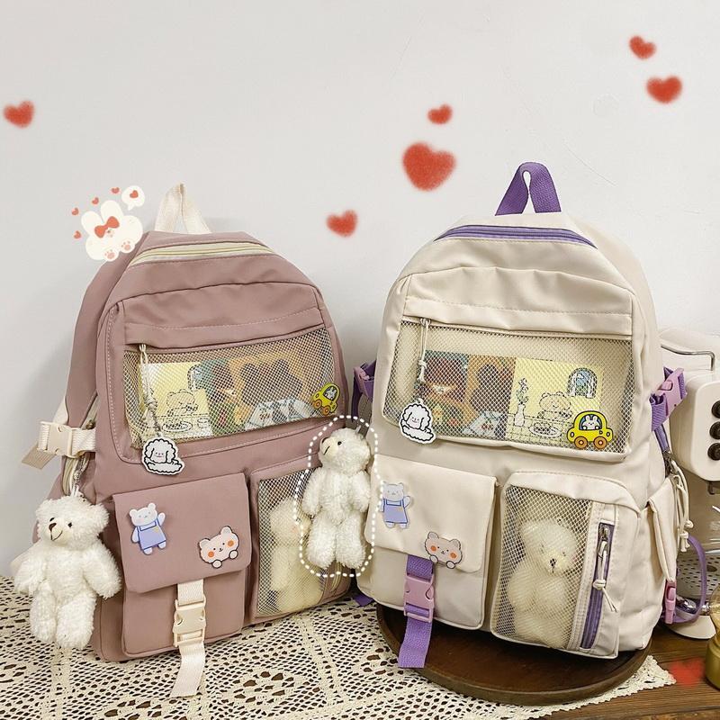 

School Bags Korean Large Capacity Backpacks Women Kawaii Students Preppy Nylon Bag For Teenager Girl Sweet Waterproof Schoolbag Travel, C-black