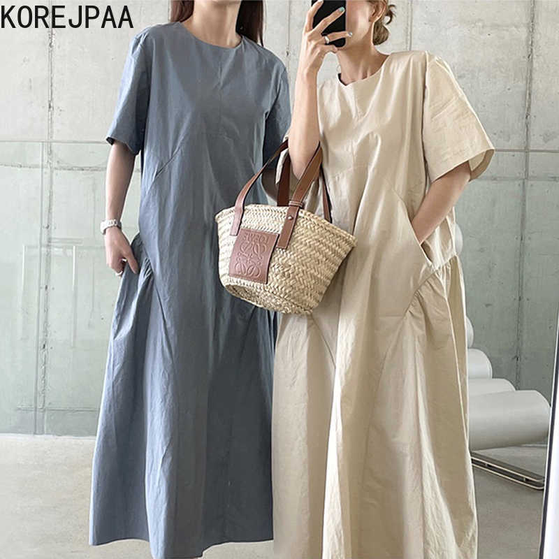 

Korejpaa Women Dress Summer Korean Minimalist Round Neck Double Pocket Side Pleated Loose Big Swing Short-Sleeved Vestidos 210526, Blue