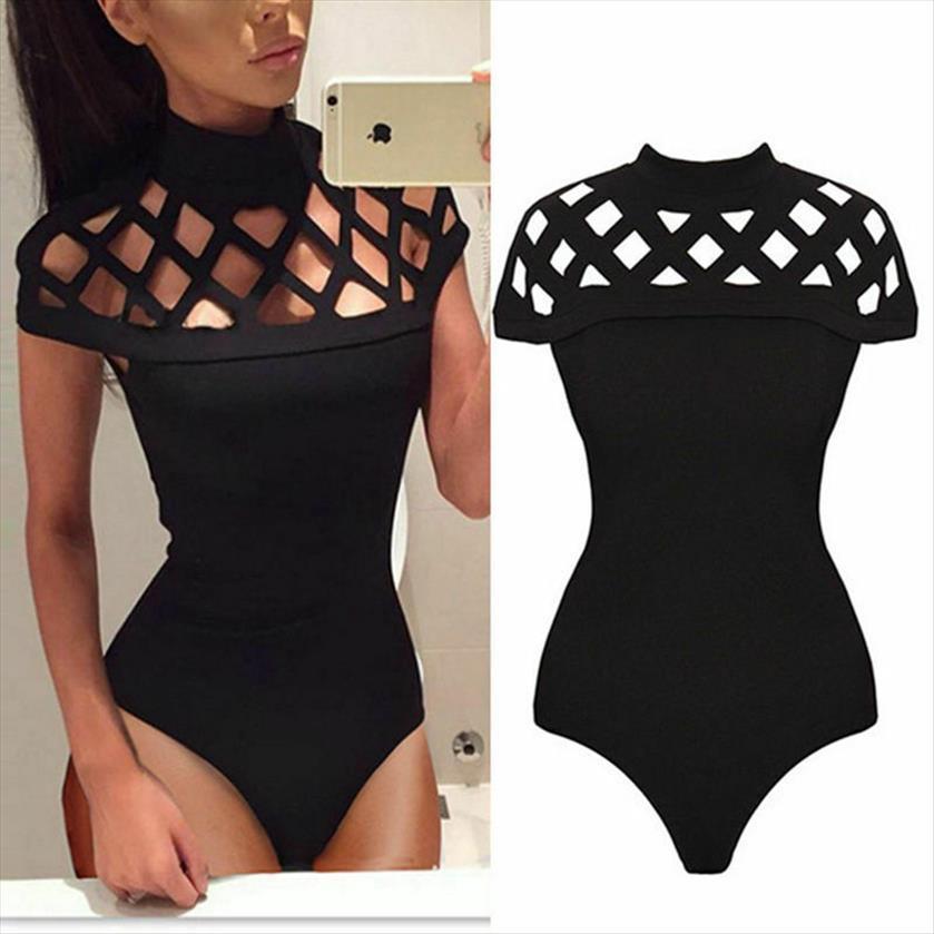 

casual hollow out slim bodysuit womens rompers stretch leotard bodycon t shirt jumpsuit overalls solid color summer, Black;white