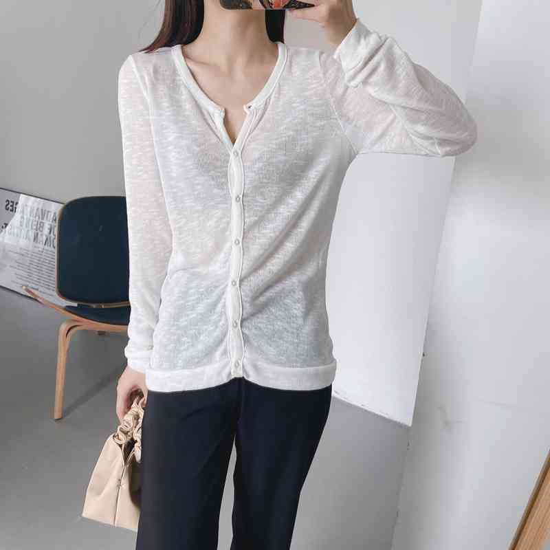 

Knit Top Long Sleeve Shirt Sunscreen Sunclothes Solid Color O neck Thin See Through Tops Women Casual XZ2489 210525, White