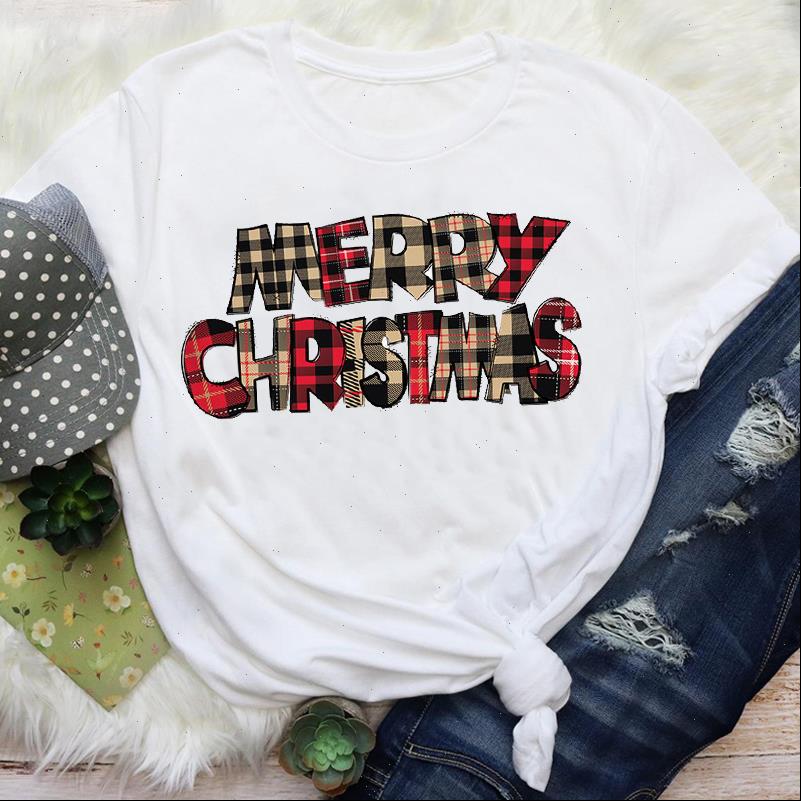 

Women T Shirts Letters Plaid Fashion 90s Style Short Sleeve Merry Christmas Graphic Tees Clothes Print Tops Lady Female Shirt, White
