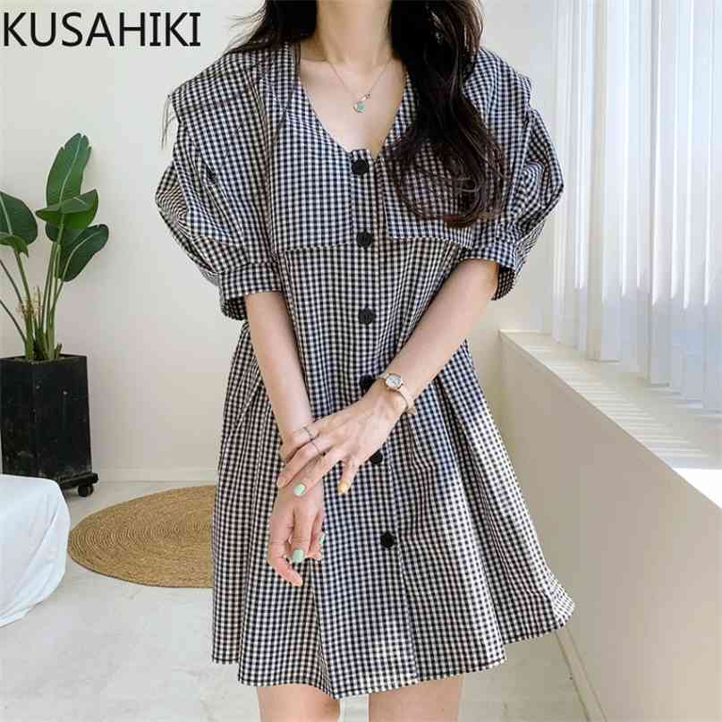 

Chic Plaid Sailor Collar Dresses Women Korean Puff Sleeve Single Breasted Dress Causal Sweet Summer Vestidos 6J488 210603