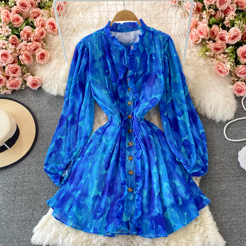 Autumn Vintage Women Pleated Chiffon Mini Dress Elegant V-Neck Draped Single Breasted Ruffle Vestidos Sexy Party Robe 2022 New