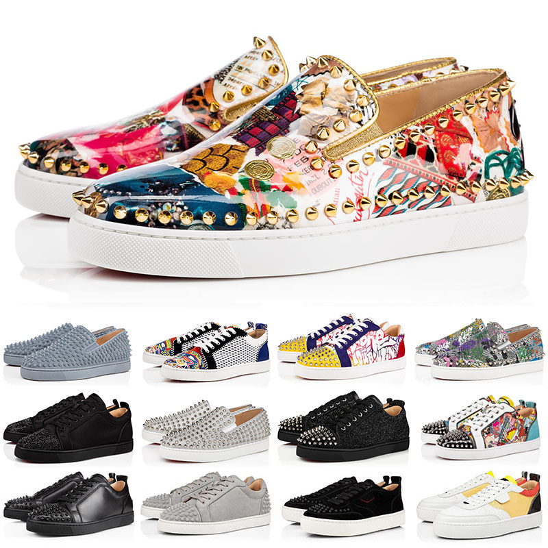 

2022 Red bottoms sneakers men women designer dress shoes high low top Black White Camo Green Glitter Color matching mens Des Chaussures spikes casual trainers, Color#40