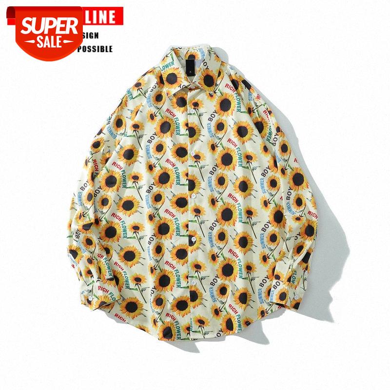 

TKPA Men's and Women's Sunflower Full Printed Long Sleeve Shirt Hip Hop BF Loose Floral Couple #JM6K, White;black