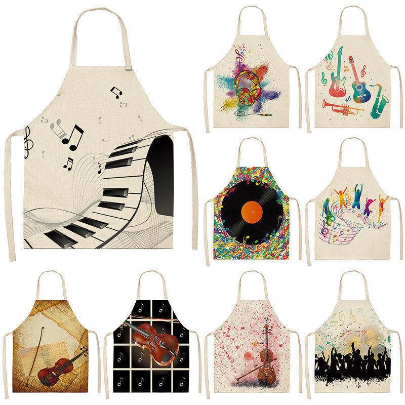 

Musical Instrument Kitchen Aprons For Women Cotton Linen Household Cleaning Pinafore Home Waist Baking Cooking Apron 68*55cm