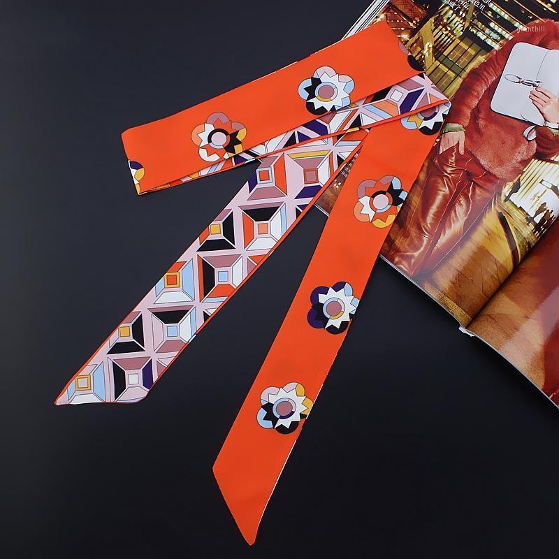 

Scarves 120*5cm Style All-match Camellia Printing Silk Scarf Variety Tied Bag Handle Ribbon Female, Blue;gray