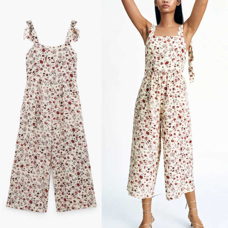 

Za Flower Print Summer Jumpsuit Women Sleeveless Wide Straps Bows Vintage Elastic Playsuits Woman Loose Backless Jumpsuits 210602, As picture