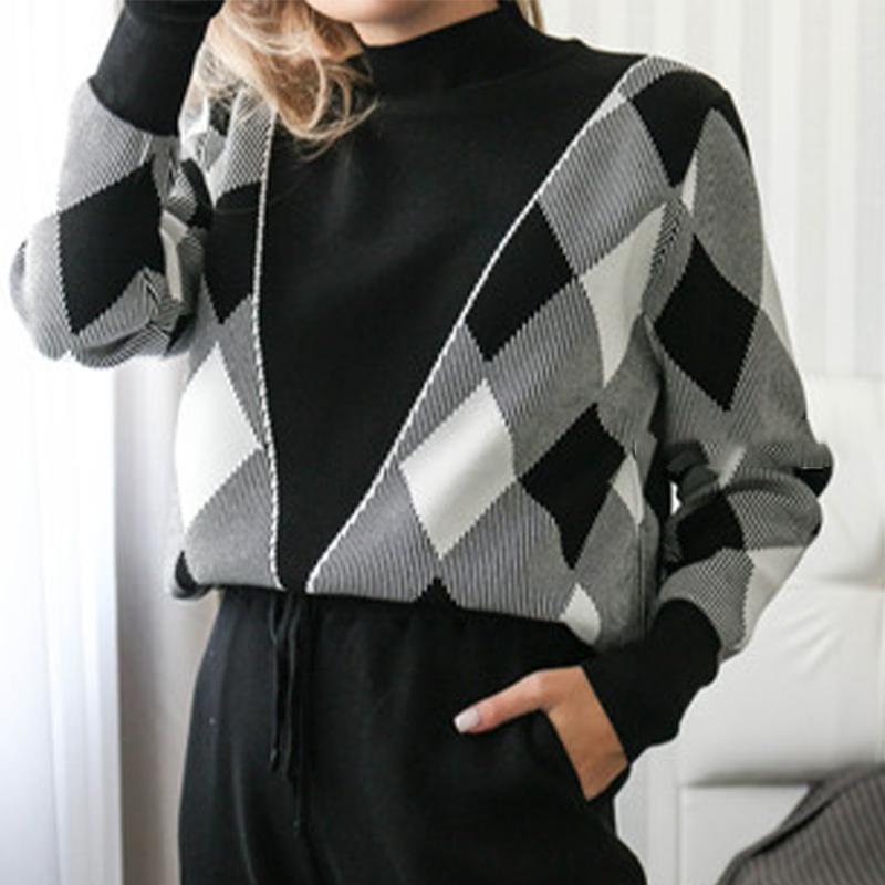 

Women's Two Piece Pants Houndstooth Knit Turtleneck Sweater Set Pullover Spliced Long Sleeve Sweaters Drawstring Women 2 Winter Suit, Black