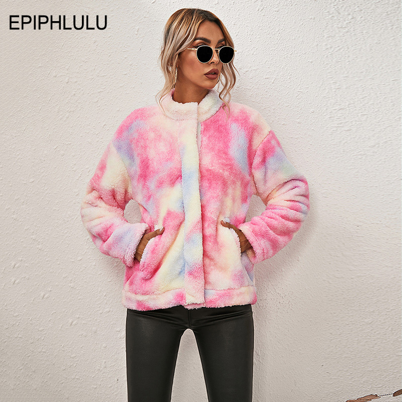 

Autumn Winter Warm Teddy Jacket Women Tie Dye Faux Fur Coat Ladies Thick Fluffy Plush Teddy Coats and Jackets, Tan;black