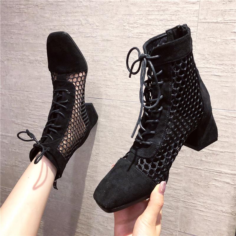 

Women Brand Design Front Lace Up Mesh Ankle Boots Chunky Heels Cross Ties Sexy Summer Shoes Botas Mujer, Black