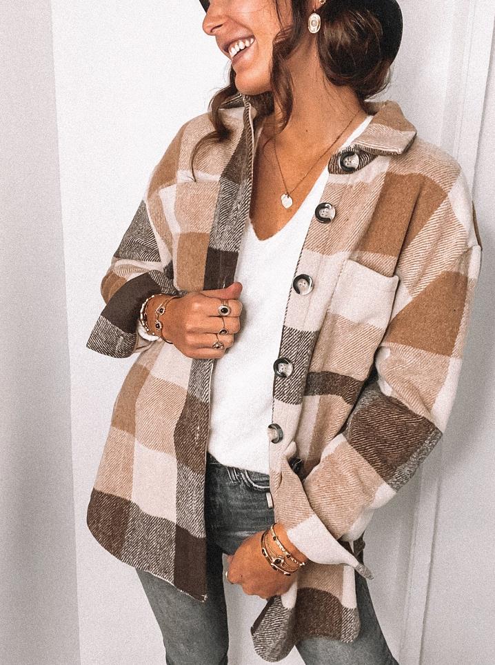 

2021 Autumn Vintage Plaid Shirts Women Coats Buttons Pockets Female Jackets Coat Streetwear Ladies Spring Loose Coats Oversize, Black;brown