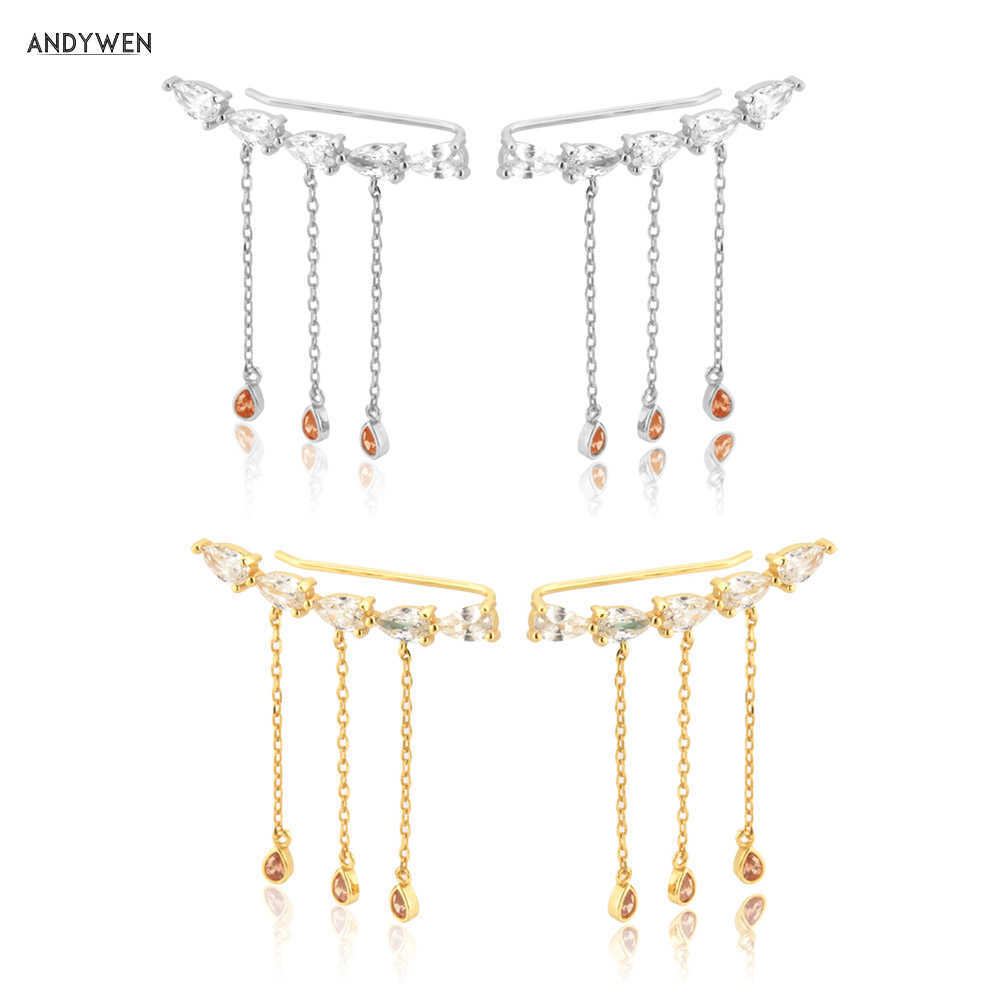 

ANDYWEN 925 Sterling Silver Clear Zircon Ovals Champagne Climber Drop Earring Chains Women Fashion Luxury Pendiente 210608