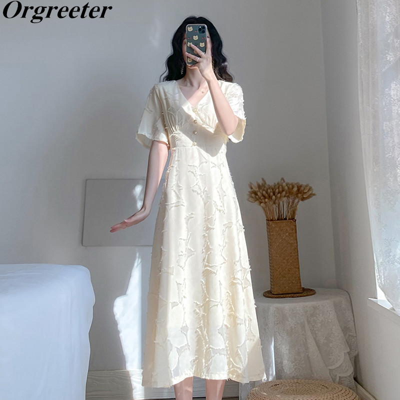 

Simple and Elegant Apricot Dress Female Summer V-neck Short Sleeve Tassel Appliques Slim Big Swing Long 210525, White