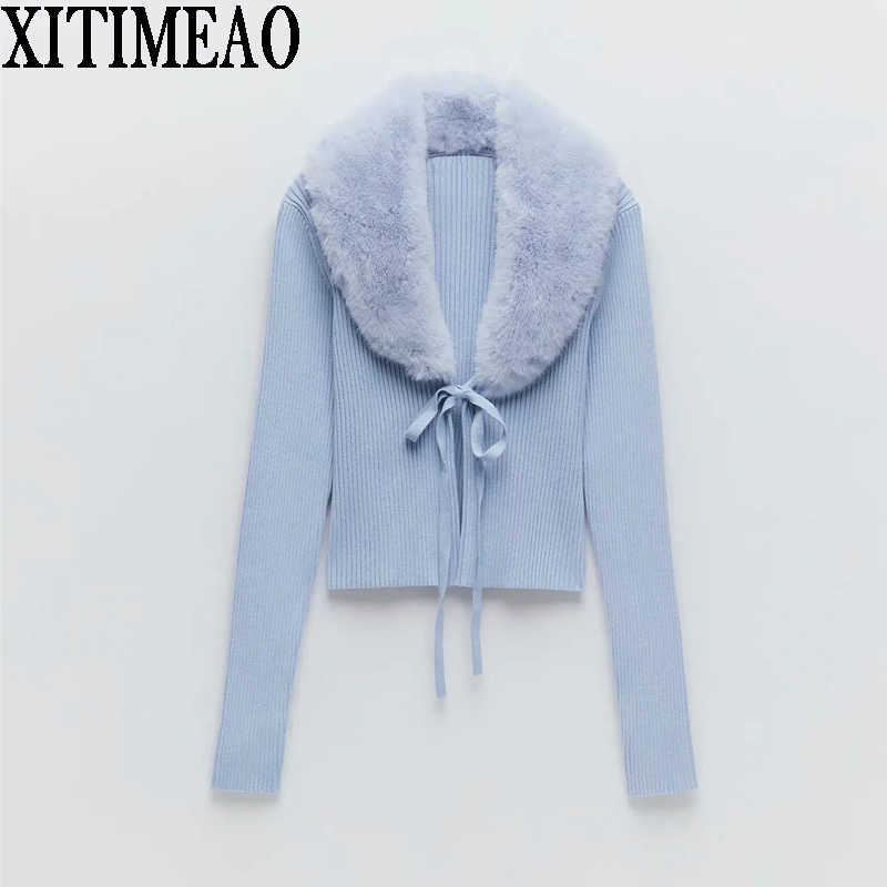 

ZA Women Fashion Patchwork Faux Fur Knitted Cardigan Sweater Vintage With Tied Long Sleeve Female Outerwear Chic Tops 210602, As picture