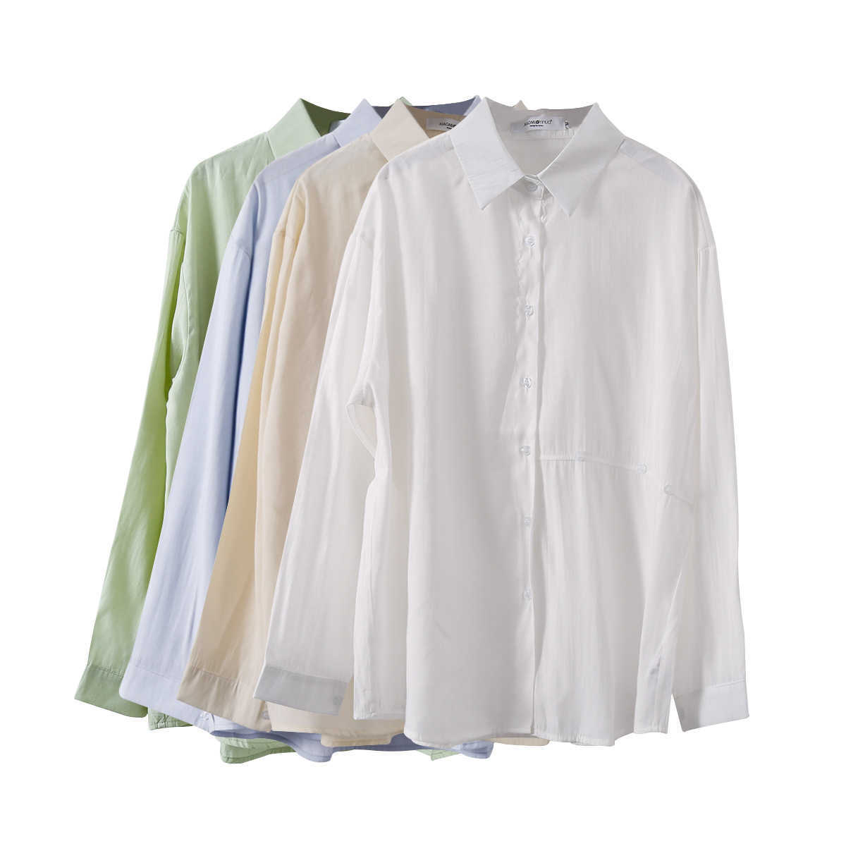 

Turn-down Collar Long-sleeved Loose White Shirt Women Summer Single-breasted Solid Color Sunscreen Blouse 210607, Blue