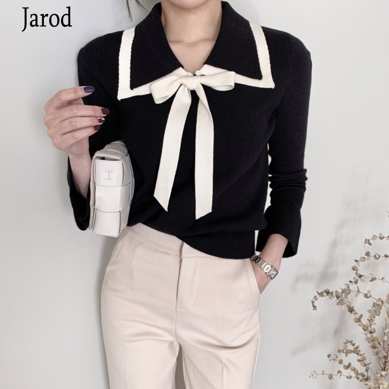 

Korea Autumn Women Knitted Sweater Long Sleeve Turn Down Collar Bowknot Sweater Ladies Elegant Pullover Tops Femme 210518, Photo color