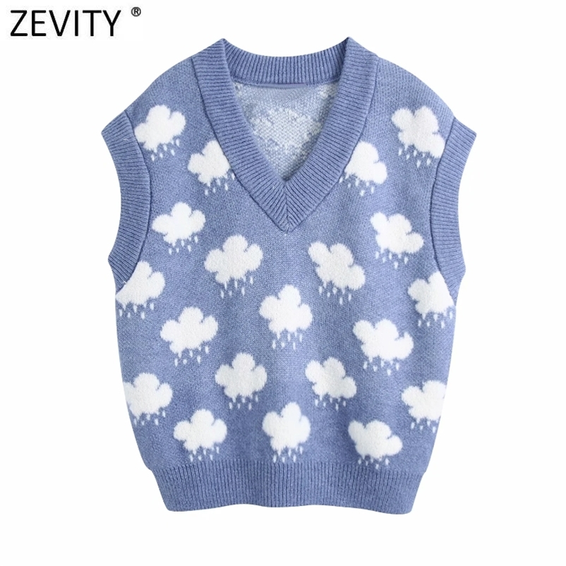 

Zevity Women Fashion V Neck Cloud Pattern Knitting Sweater Female Sleeveless Casual Slim Vest Chic Leisure Pullovers Tops S669 210830, As pic s669z