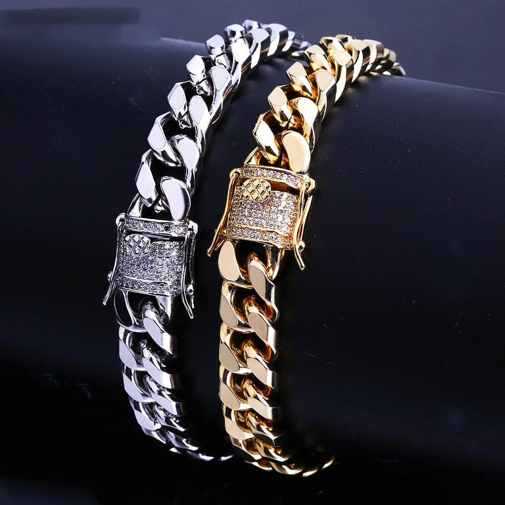 

10mm Gold Color Plated Cuban Chain Bracelet With 1ct Lab Cubic Zirconia Clasp Hip Hop Bracelet For Men 8"
