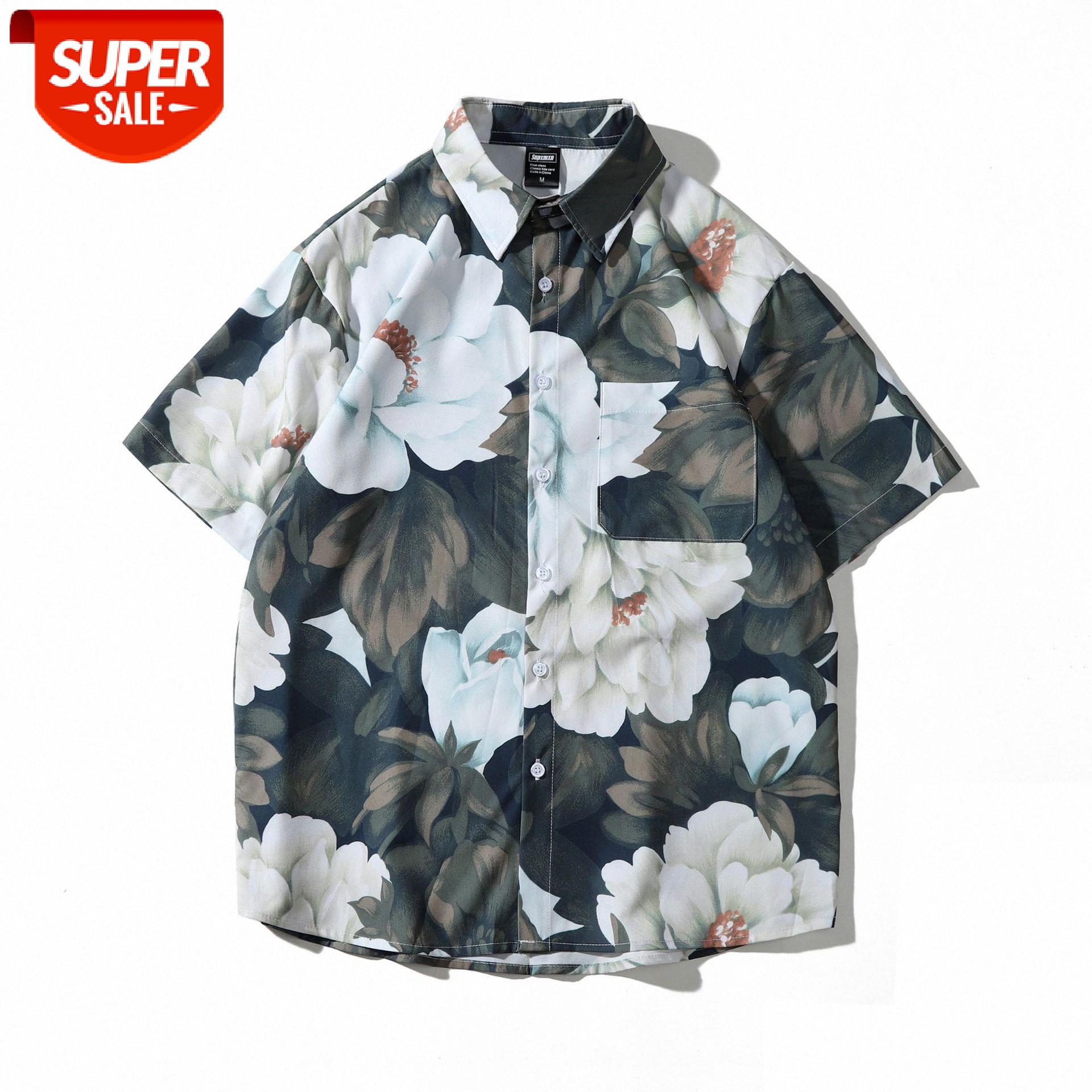 

Hong Kong style vintage retro flow oil painting flower short-sleeved shirt male loose ruffian handsome #F05H, White;black