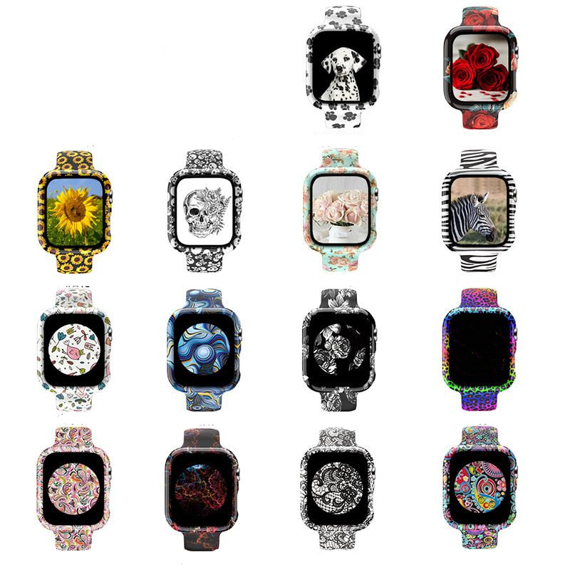 

Set For Apple Watch Series 6 5 4 3 2 1 SE Zebra Flower PC Tempered Glass Case Silicone Wrist Band Strap