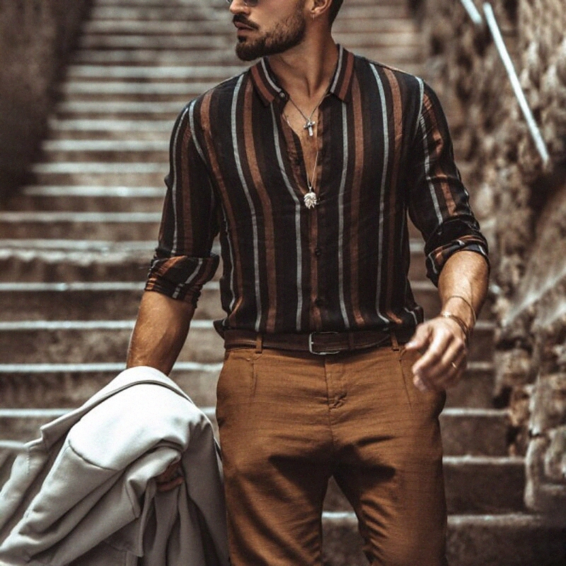 Men's Shirt Striped Turndown Street Casual Button-Down Print Long Sleeve Tops Cotton Casual Fashion Breathable Gray Red Brown / Spring / Summer