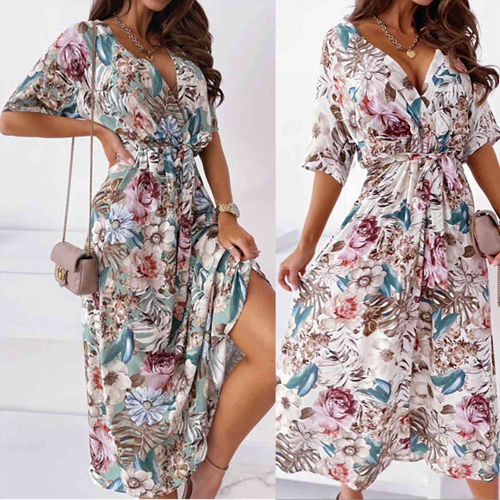 

v neck fashion half sleeve womens dresses floral a line long female casual summer bandage large size maxi robe ete, Black;gray