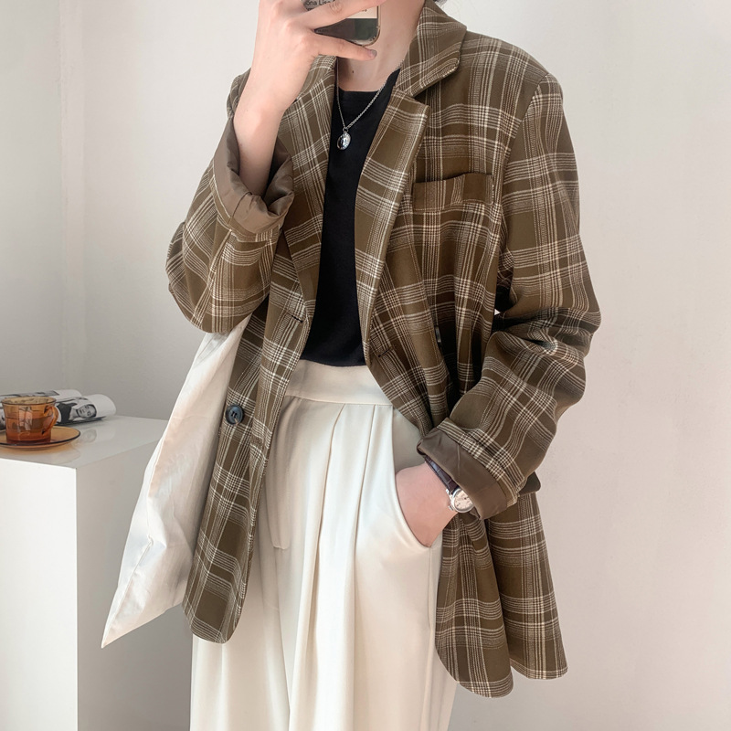 

Women's Suits & Blazers 2021 Autumn retro chess suit jacket long Korean sleeve loose casual blazer 1722, Milk brown.
