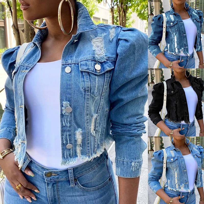

Autumn Women Sexy Ripped Denim Jackets Vintage Casual Short Jean Jacket Puff Sleeve Female Coat Streetwear Plus Size Women