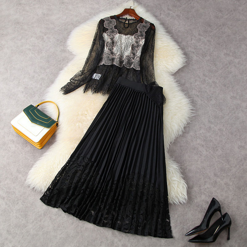 

2021 Summer Long Sleeve Round Neck Black Floral Lace Panelled Top + Pleated High Waist Mid-Calf Skirt Two Piece Suits 2 Pieces Set 21A252120