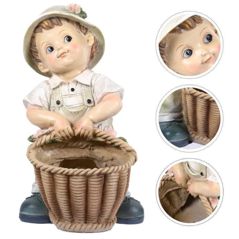 

Garden Figure Resin Art Crafts Cartoon Boy Bonsai Decor With Flowerpot Decorations