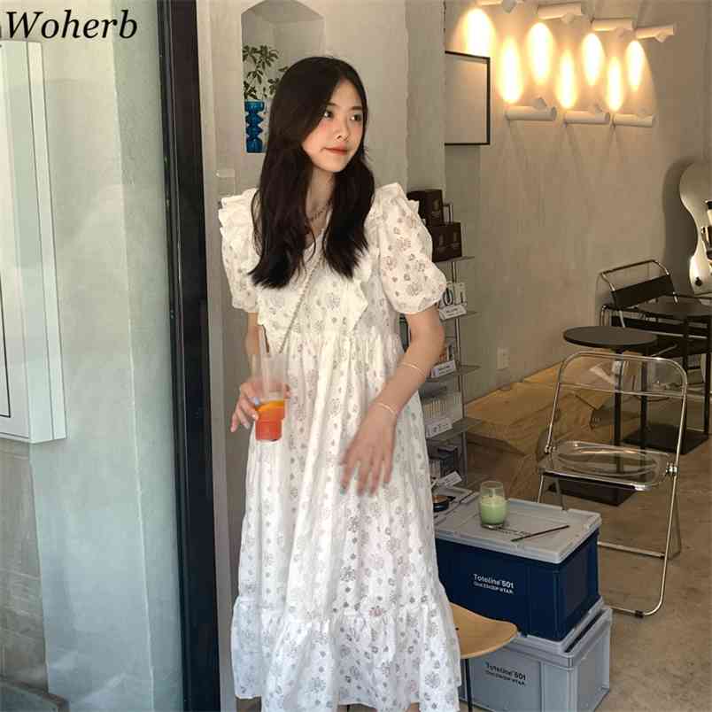 

Chic Korean Floral Embroidery Hollow Dress Women Long Dresses Summer Short Sleeve Ruffle Robe RElegant Vintage Vestidos 210519, As photo