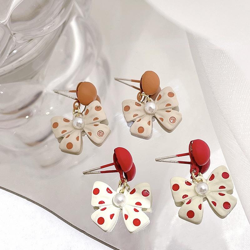 

Stud 925 Silver Needle Girl's Heart Polka Dot Red Bow Net Temperament Versatile Simple Stylish Earrings Lucky, Golden;silver