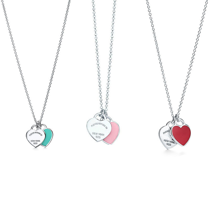 

1:1 Ladies Sterling Silver S925 Pop Double Heart Pendant TF Love Necklace Couple Jewelry Pendants and necklaces