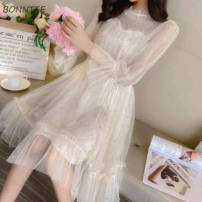 

Long Sleeve Dress Women Elegant Mesh Patchwork Chic Sequins Sweet Knee-Length Youth Girls Dresses Kawaii Summer Birthday Party X0521, B beige