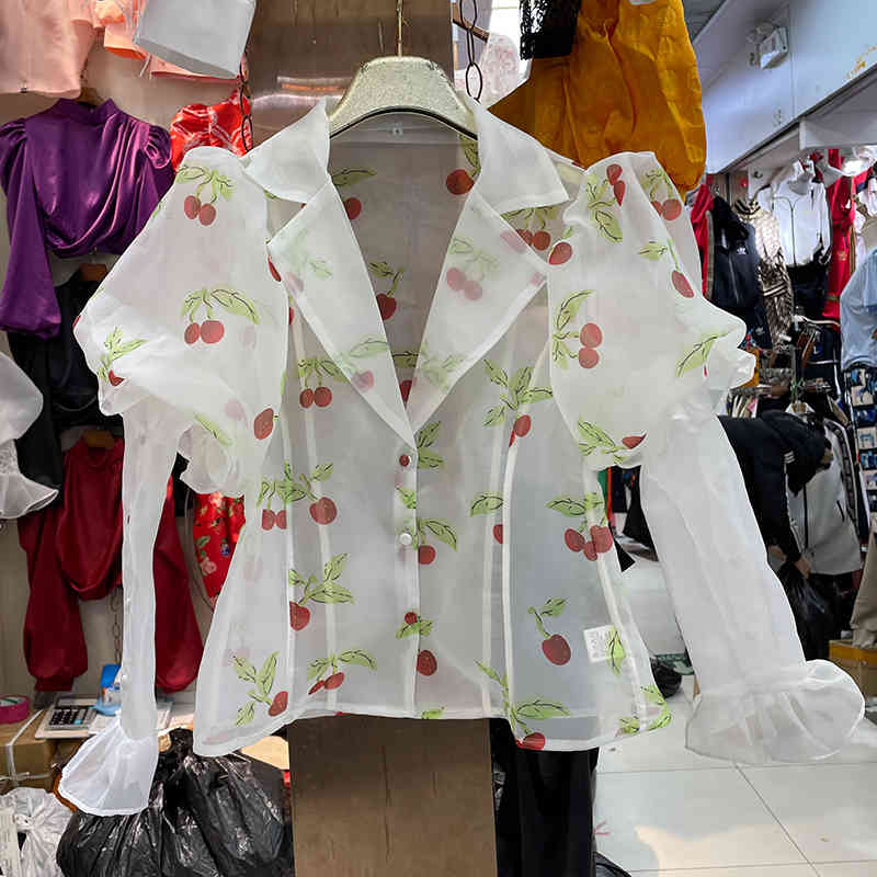 

Spring Arrivals Solid Color Notched Collar Lantern Sleeve Single Breasted Vintage Style Shirt MZ519 210525, White