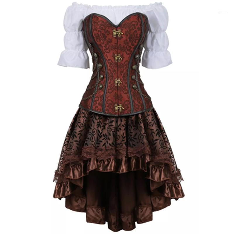 

Burlesque Corset Irregular Skirt 3 Piece Leather Dress Bustiers Steampunk Cool Warrior Pirate Lingerie Corsetto Plus Size & Corsets, Black