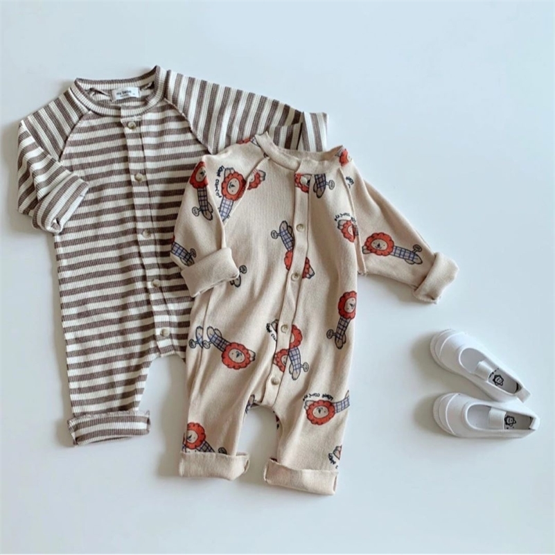 

Spring Autumn cartoon lion printing long sleeve romper baby boys girls pure cotton striped coveralls 210708