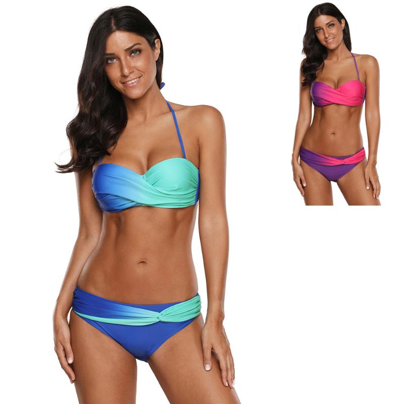 

Women' Swimwear Women Gradient European Two Pieces Sexy Bikini Set Low Waist Sling Beach 2021 Arrival Swimsuit, Blue