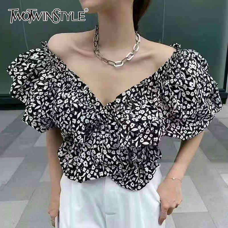 

Black Casual Shirt For Women V Neck Puff Short Sleeve Hit Color Loose Blouses Female Summer Clothing Style 210524