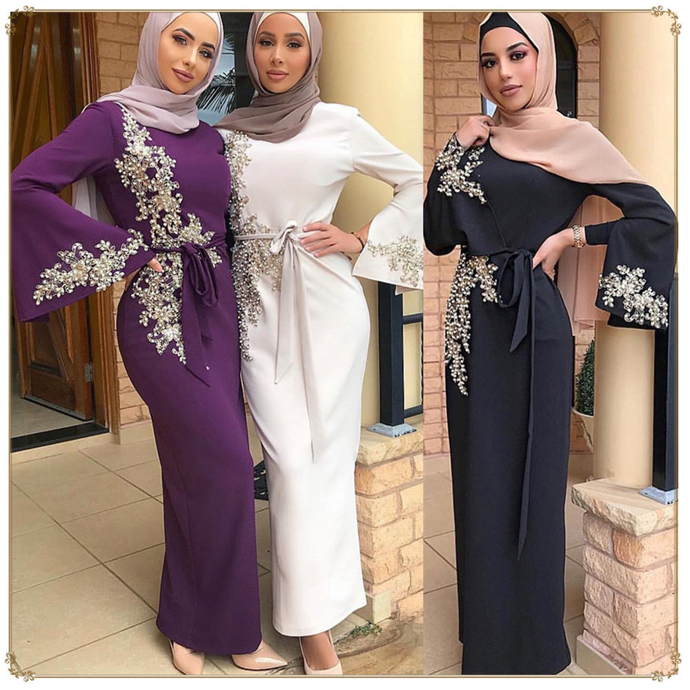 

Dubai Arab Islamic Clothing Women Muslim Dress beading Floral Printed Lace-up slim Maxi Abaya Dresses Kaftan Islam Costume femme