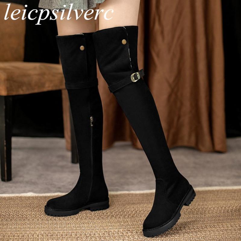 

Boots Women's Autumn Winter Warm Modern Med Heel Round Toe Square Over-the Knee Zip Flock 2021 Sexy Fashion Black